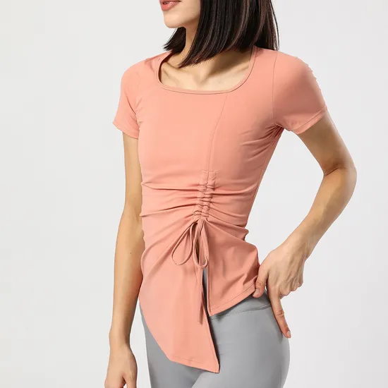 Ds156 Mujeres Yoga Sin Peso Transpirable Malla Patchwork Suelto Deporte Fitness Manga Corta T
