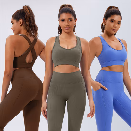 Venta al por mayor OEM/ODM mujeres 2 piezas Leggings + sujetador ropa costilla Yoga conjunto gimnasio entrenamiento Fitness deportes activos conjuntos