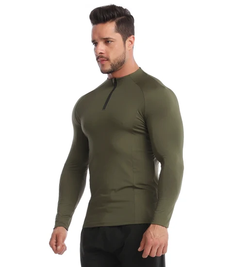 Ropa al por mayor Nuevo diseño de hombre Verde/Negro Contraste de colores Camiseta deportiva de compresión de manga larga con división inferior